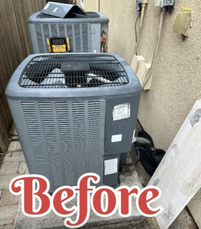 old, gray amana distinctions ac condenser units installed outside a home in katy