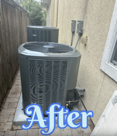 new, dark gray ac condenser unit installed outside home in katy